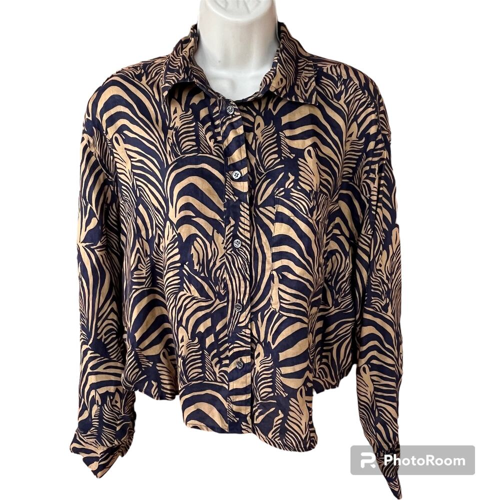 Banana Republic Heritage Expedition Zebra Print Button Down Top Linen Womens S
